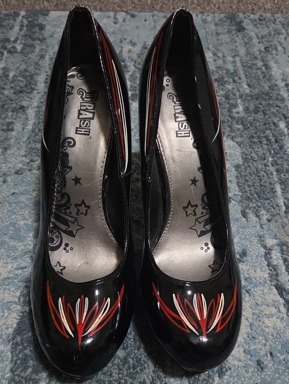 Custom Handpainted Black Patent Women's Pumps with Red & White Pinstripe Detail